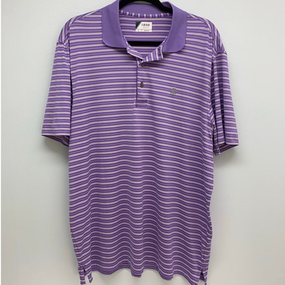 IZOD Golf Polo Shirt Mens Large Purple Short Sleeve Striped Logo Stretch